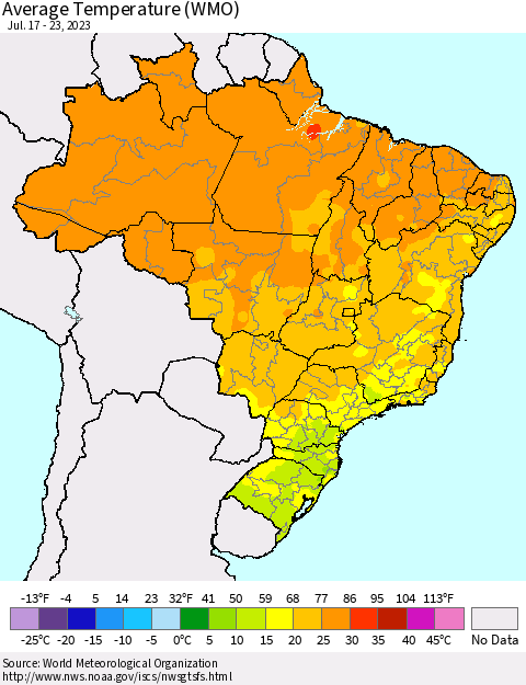 Brazil Average Temperature (WMO) Thematic Map For 7/17/2023 - 7/23/2023
