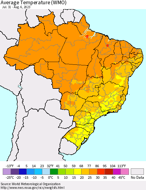 Brazil Average Temperature (WMO) Thematic Map For 7/31/2023 - 8/6/2023