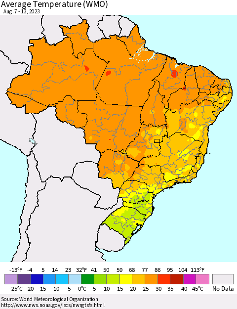 Brazil Average Temperature (WMO) Thematic Map For 8/7/2023 - 8/13/2023