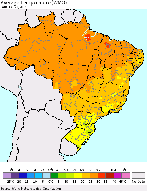 Brazil Average Temperature (WMO) Thematic Map For 8/14/2023 - 8/20/2023