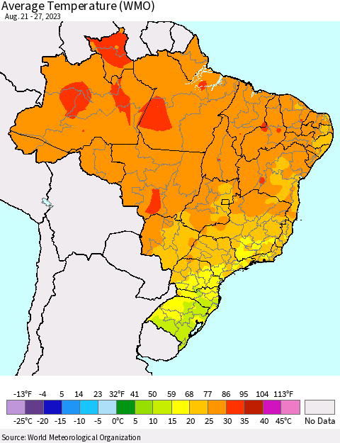 Brazil Average Temperature (WMO) Thematic Map For 8/21/2023 - 8/27/2023