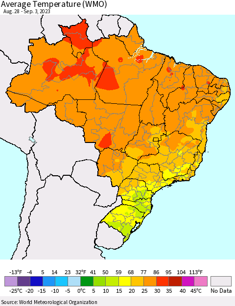 Brazil Average Temperature (WMO) Thematic Map For 8/28/2023 - 9/3/2023