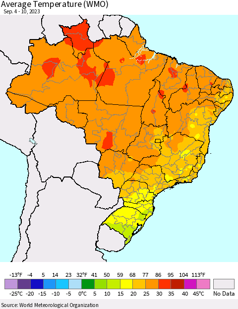 Brazil Average Temperature (WMO) Thematic Map For 9/4/2023 - 9/10/2023