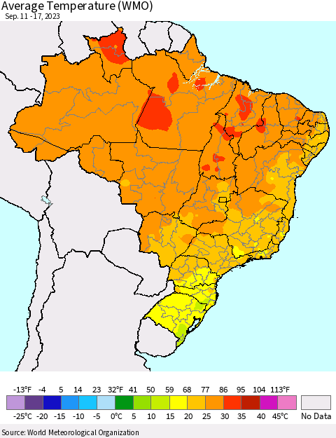 Brazil Average Temperature (WMO) Thematic Map For 9/11/2023 - 9/17/2023