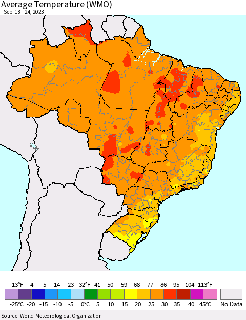 Brazil Average Temperature (WMO) Thematic Map For 9/18/2023 - 9/24/2023