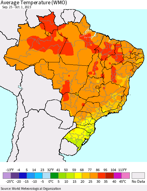 Brazil Average Temperature (WMO) Thematic Map For 9/25/2023 - 10/1/2023