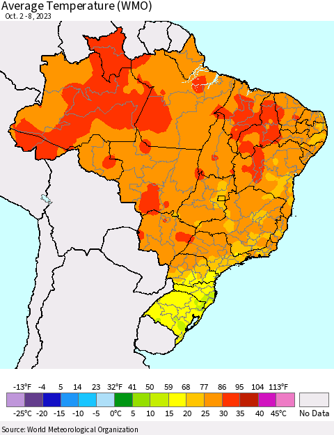 Brazil Average Temperature (WMO) Thematic Map For 10/2/2023 - 10/8/2023