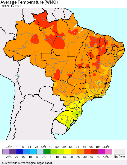 Brazil Average Temperature (WMO) Thematic Map For 10/9/2023 - 10/15/2023