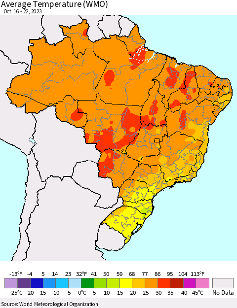 Brazil Average Temperature (WMO) Thematic Map For 10/16/2023 - 10/22/2023