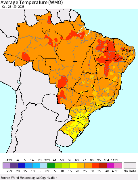 Brazil Average Temperature (WMO) Thematic Map For 10/23/2023 - 10/29/2023