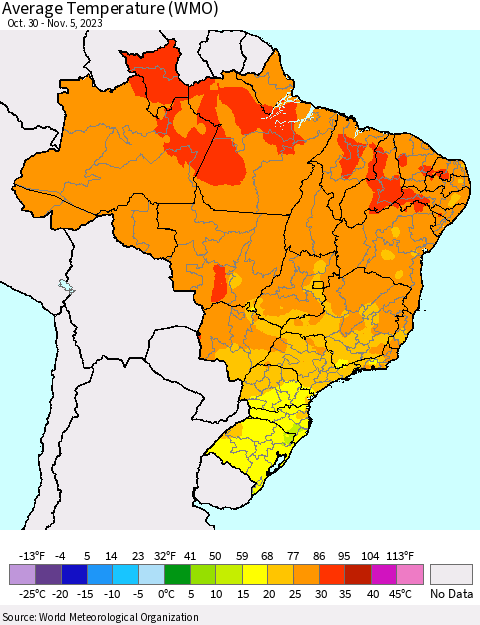 Brazil Average Temperature (WMO) Thematic Map For 10/30/2023 - 11/5/2023