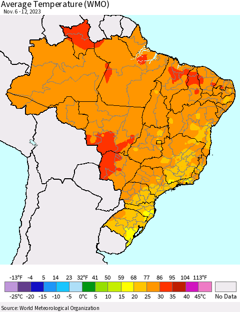 Brazil Average Temperature (WMO) Thematic Map For 11/6/2023 - 11/12/2023