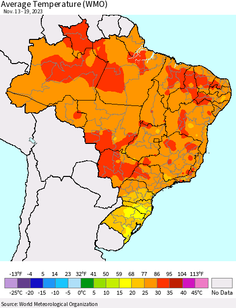 Brazil Average Temperature (WMO) Thematic Map For 11/13/2023 - 11/19/2023
