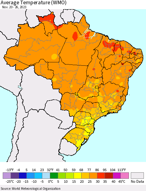 Brazil Average Temperature (WMO) Thematic Map For 11/20/2023 - 11/26/2023
