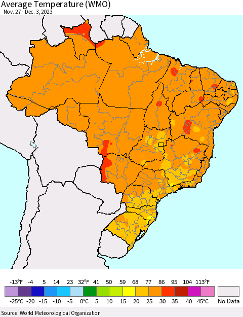 Brazil Average Temperature (WMO) Thematic Map For 11/27/2023 - 12/3/2023