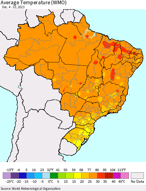 Brazil Average Temperature (WMO) Thematic Map For 12/4/2023 - 12/10/2023