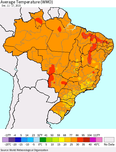 Brazil Average Temperature (WMO) Thematic Map For 12/11/2023 - 12/17/2023