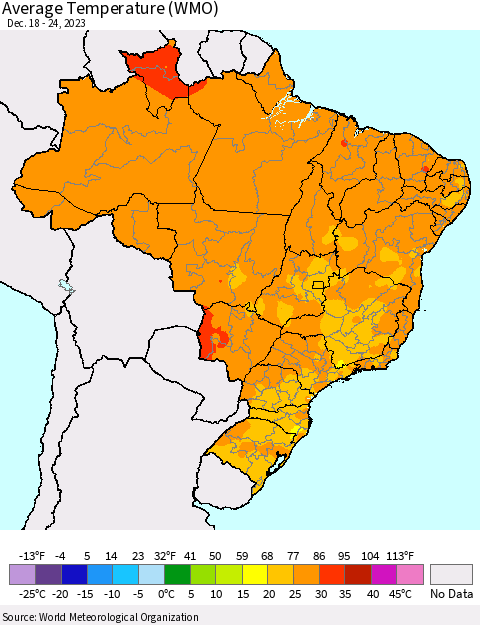 Brazil Average Temperature (WMO) Thematic Map For 12/18/2023 - 12/24/2023