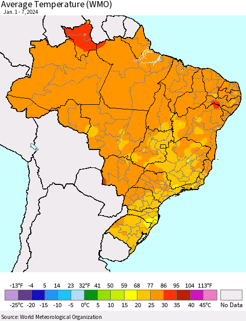 Brazil Average Temperature (WMO) Thematic Map For 1/1/2024 - 1/7/2024