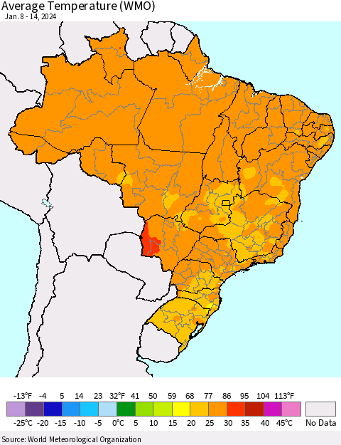 Brazil Average Temperature (WMO) Thematic Map For 1/8/2024 - 1/14/2024