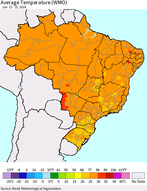 Brazil Average Temperature (WMO) Thematic Map For 1/15/2024 - 1/21/2024