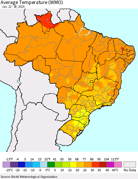 Brazil Average Temperature (WMO) Thematic Map For 1/22/2024 - 1/28/2024