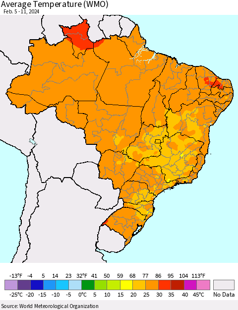 Brazil Average Temperature (WMO) Thematic Map For 2/5/2024 - 2/11/2024
