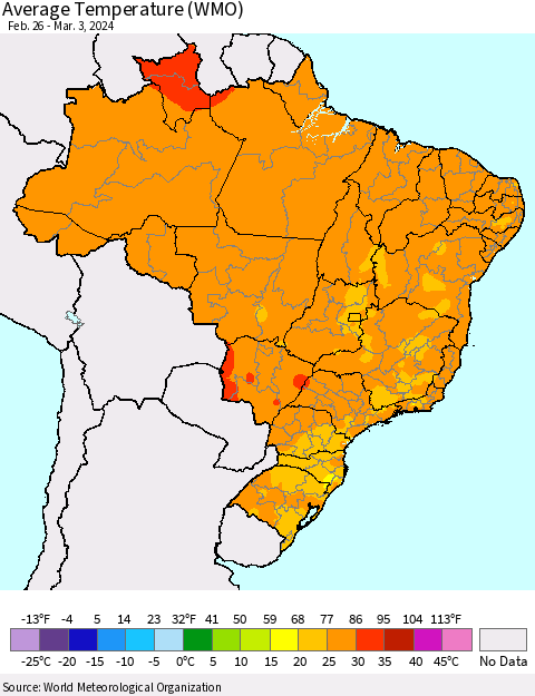 Brazil Average Temperature (WMO) Thematic Map For 2/26/2024 - 3/3/2024