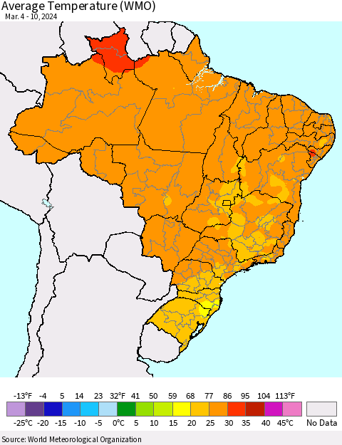 Brazil Average Temperature (WMO) Thematic Map For 3/4/2024 - 3/10/2024