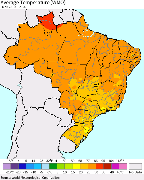 Brazil Average Temperature (WMO) Thematic Map For 3/25/2024 - 3/31/2024