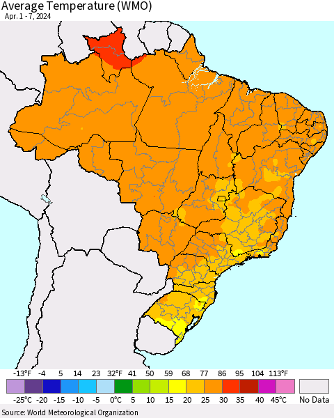 Brazil Average Temperature (WMO) Thematic Map For 4/1/2024 - 4/7/2024