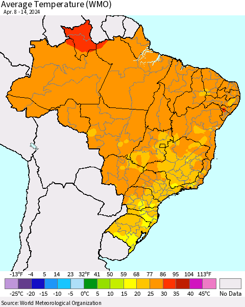 Brazil Average Temperature (WMO) Thematic Map For 4/8/2024 - 4/14/2024