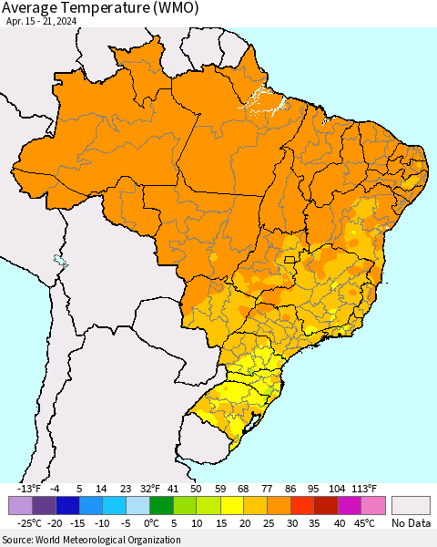 Brazil Average Temperature (WMO) Thematic Map For 4/15/2024 - 4/21/2024