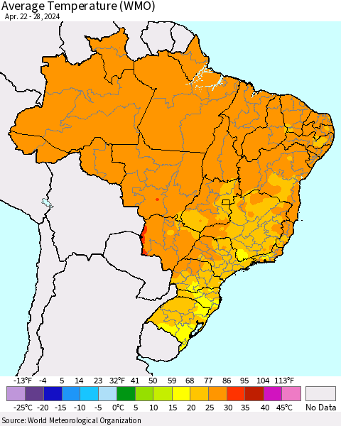 Brazil Average Temperature (WMO) Thematic Map For 4/22/2024 - 4/28/2024
