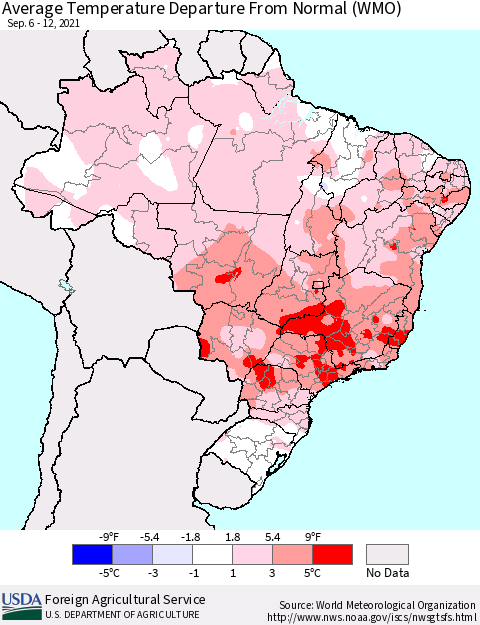 Brazil Average Temperature Departure from Normal (WMO) Thematic Map For 9/6/2021 - 9/12/2021