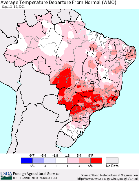 Brazil Average Temperature Departure from Normal (WMO) Thematic Map For 9/13/2021 - 9/19/2021