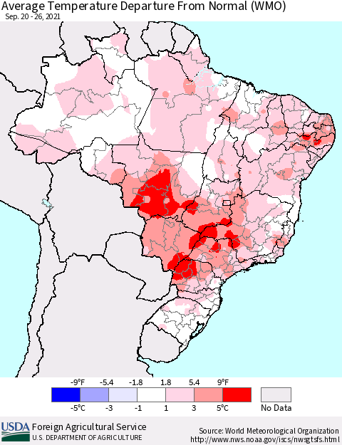 Brazil Average Temperature Departure from Normal (WMO) Thematic Map For 9/20/2021 - 9/26/2021