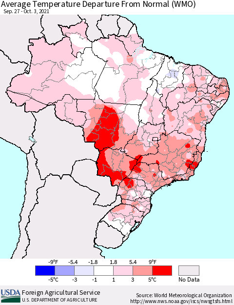 Brazil Average Temperature Departure from Normal (WMO) Thematic Map For 9/27/2021 - 10/3/2021