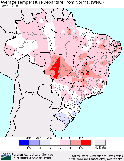 Brazil Average Temperature Departure from Normal (WMO) Thematic Map For 10/4/2021 - 10/10/2021
