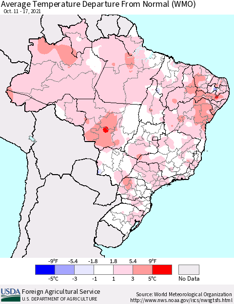 Brazil Average Temperature Departure from Normal (WMO) Thematic Map For 10/11/2021 - 10/17/2021