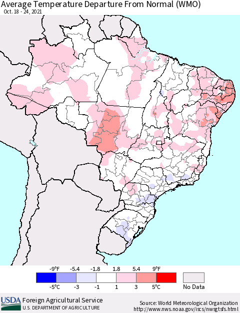 Brazil Average Temperature Departure from Normal (WMO) Thematic Map For 10/18/2021 - 10/24/2021