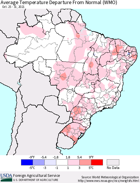 Brazil Average Temperature Departure from Normal (WMO) Thematic Map For 10/25/2021 - 10/31/2021