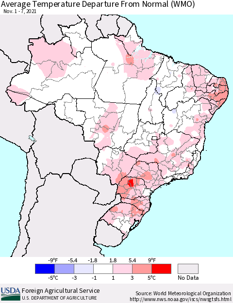Brazil Average Temperature Departure from Normal (WMO) Thematic Map For 11/1/2021 - 11/7/2021
