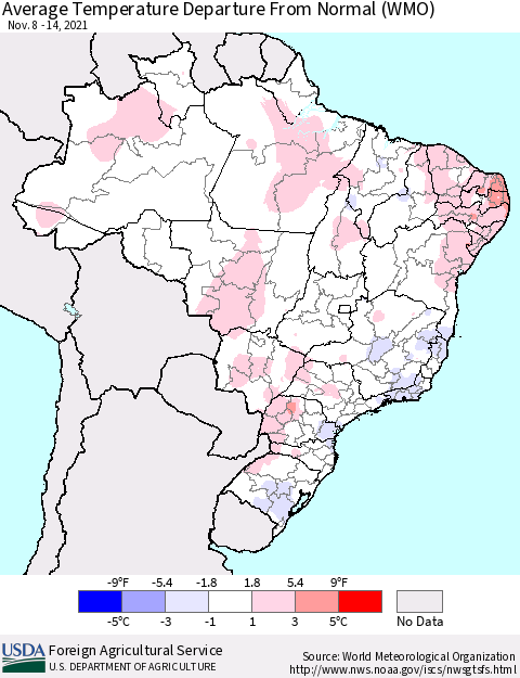 Brazil Average Temperature Departure from Normal (WMO) Thematic Map For 11/8/2021 - 11/14/2021