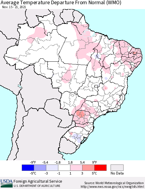 Brazil Average Temperature Departure from Normal (WMO) Thematic Map For 11/15/2021 - 11/21/2021