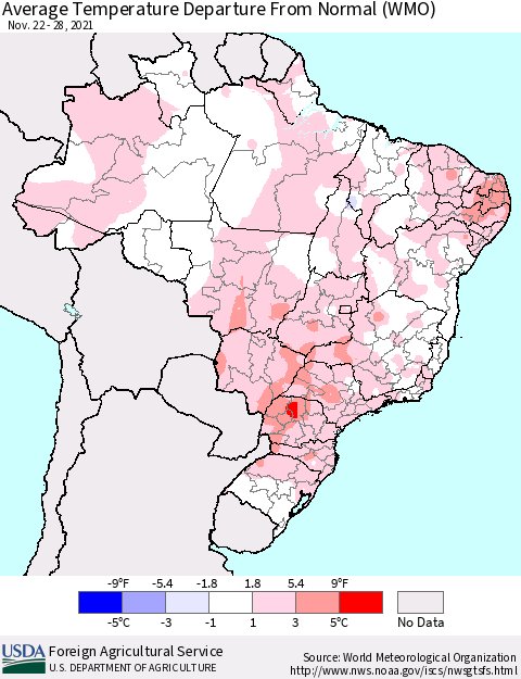Brazil Average Temperature Departure from Normal (WMO) Thematic Map For 11/22/2021 - 11/28/2021