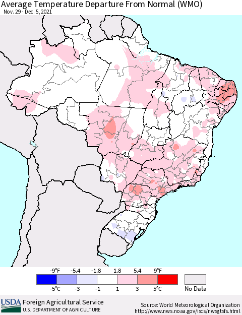 Brazil Average Temperature Departure from Normal (WMO) Thematic Map For 11/29/2021 - 12/5/2021