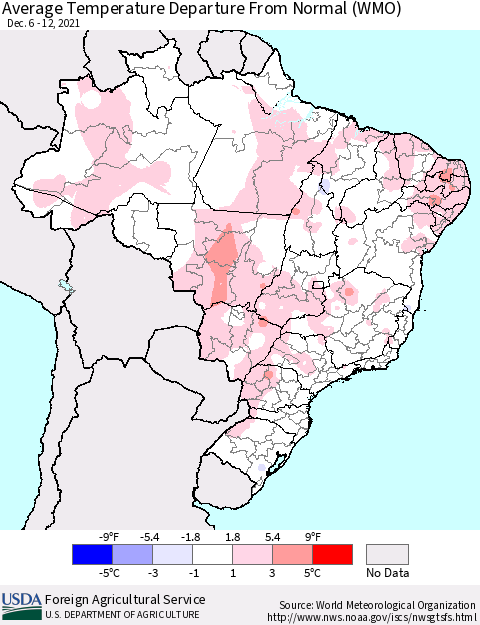 Brazil Average Temperature Departure from Normal (WMO) Thematic Map For 12/6/2021 - 12/12/2021