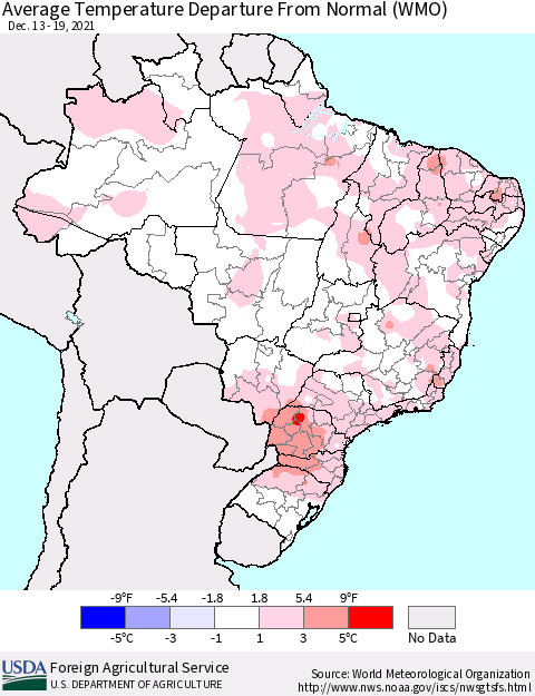 Brazil Average Temperature Departure from Normal (WMO) Thematic Map For 12/13/2021 - 12/19/2021