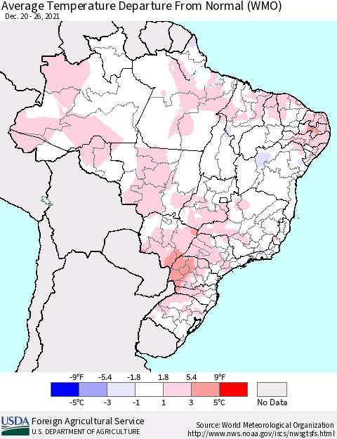 Brazil Average Temperature Departure from Normal (WMO) Thematic Map For 12/20/2021 - 12/26/2021